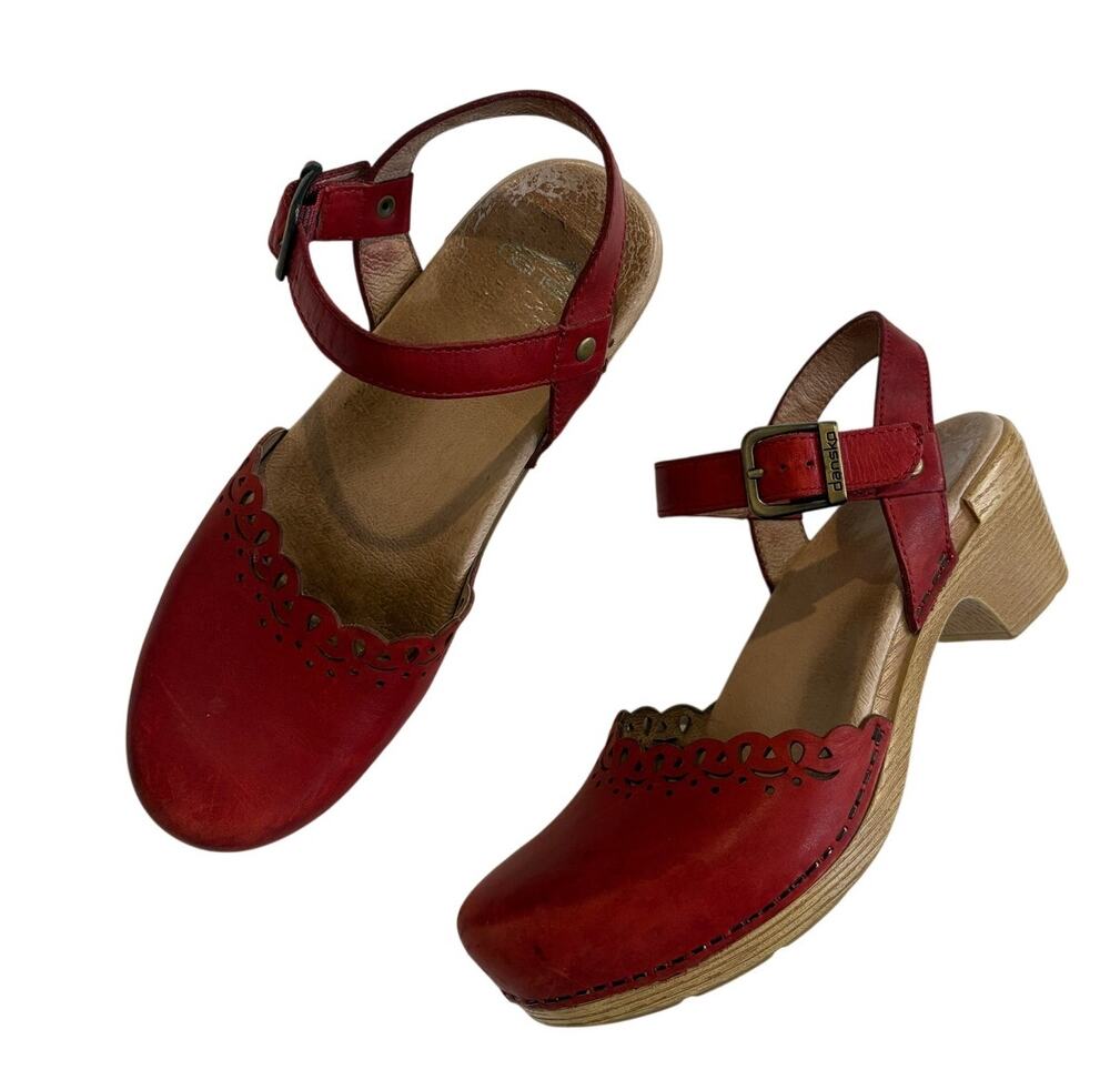 Dansko Red Heeled Mary Jane Shoes Womens 38 EU 7.5 US Nubuck Leather Ankle Strap